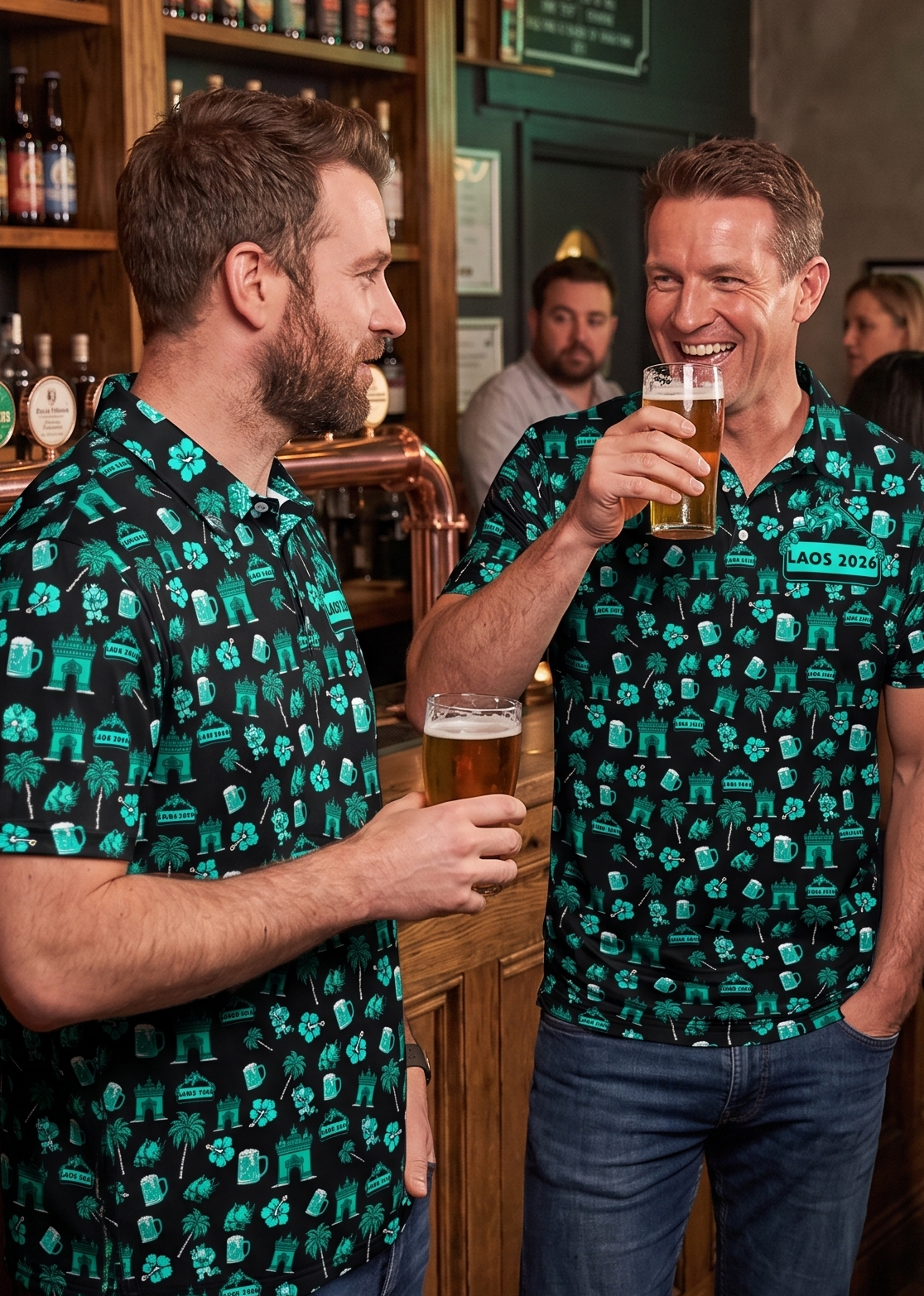 Two mates in matching custom tour polos having a beer at the pub
