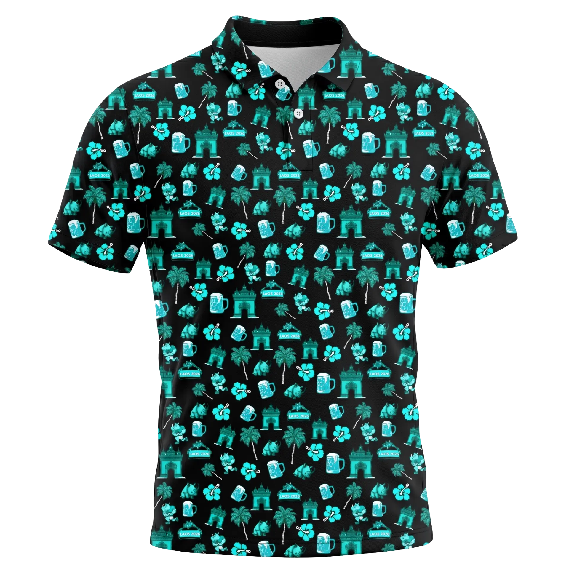 3D mockup of a black and turquoise custom tour polo