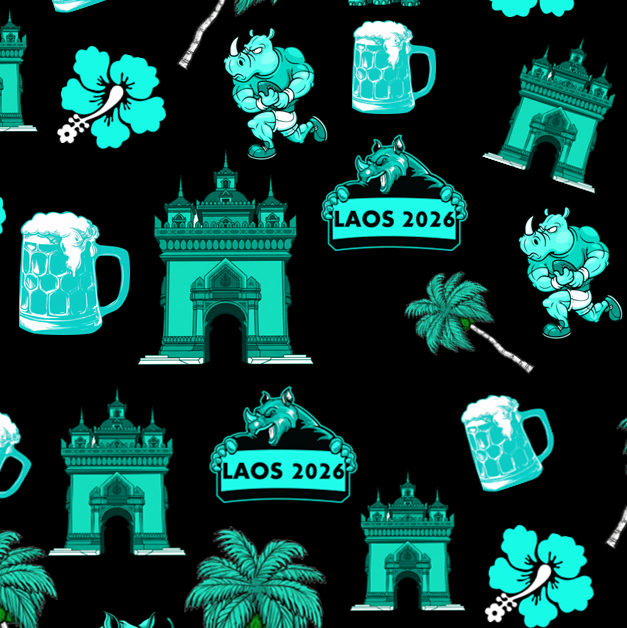 Rhino Laos 2026 tour artwork elements including a temple, palm tree, rhino and hibiscus